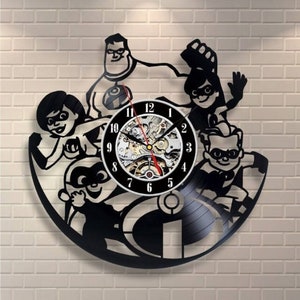 Increíbles reloj con disco de vinilo, decoración de la habitación del bebé, arte súper familiar, decoración de la sala de juegos para paredes, ilustraciones de dibujos animados, regalo de cumpleaños para niños