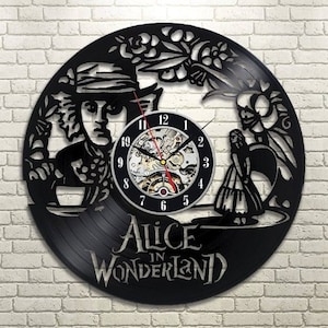 Reloj con disco de vinilo de Alicia en el país de las maravillas, decoraciones del Sombrerero Loco, arte del dormitorio para niños, decoración de la pared de la sala de juegos, regalo de cumpleaños para niña