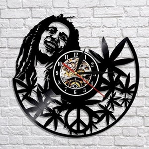 Horloge disque vinyle Bob Marley, cadeau pour mélomane, art reggae, décorations d'appartement, tenture murale moderne, décoration mancave, oeuvre d'art sur le cannabis