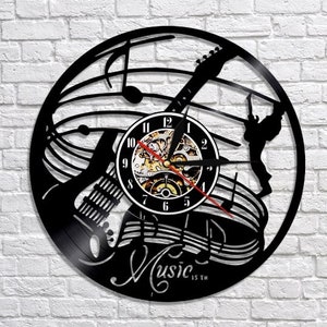 Music Vinyl Record Clock, Guitarist Gift, Musician Art, Modern Living Room Decoration, Guitar Artwork, Musical Notes Decor, Gifts For Him