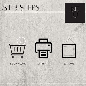May include: A graphic showing three steps to create a piece of art: download, print, and frame. The graphic includes icons for a shopping cart, a printer, and a picture frame.