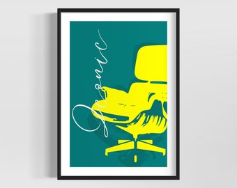 May include: A framed art print featuring a yellow office chair design against a teal background. The word "Genius" is written in white cursive script. The artwork is in a black frame.
