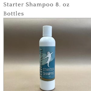 May include: A white bottle of "Starter Shampoo" with a blue label featuring a silhouette. The bottle contains 8 fl oz of shampoo. The product is designed for hair care.