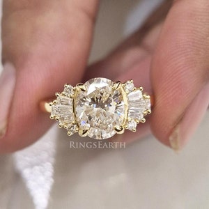 1.85ct Art Deco Style Oval Cut Certified Lab Diamond Cluster Wedding Ring, 14K White Gold Unique Engagement Ring, Anniversary Ring