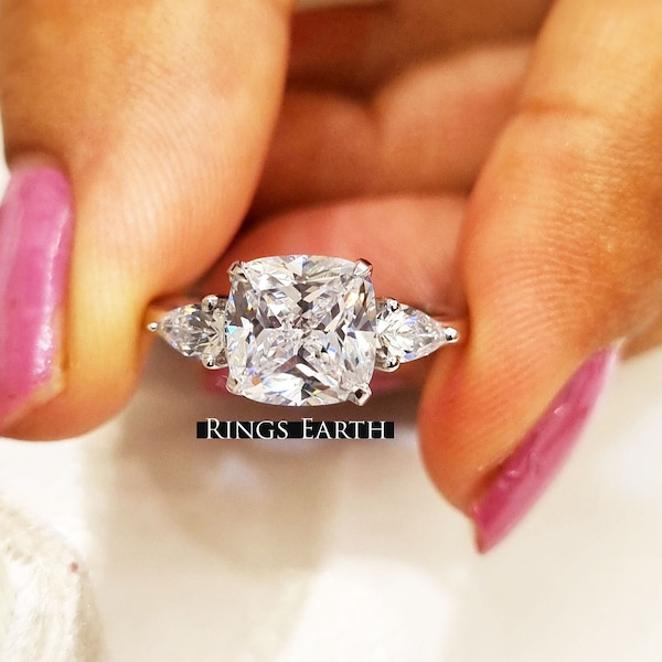 2.33 carat F/VS1 IGI Certified Square Cushion Cut Lab Grown CVD Diamond Three Stone Engagement Ring, Side Pear Cut Diamonds 18k White Gold