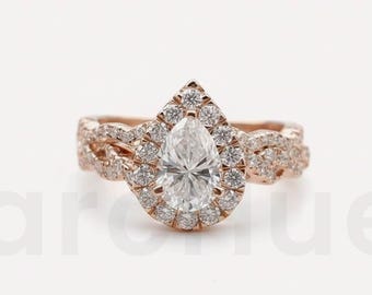 Peer Moissanite Halo Bridal set Twisted Band verlovingsring set bijpassende trouwring Rose gouden ring set voor haar
