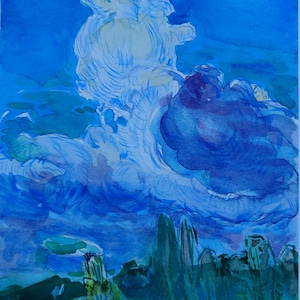 Evening clouds painting, Original watercolor painting, Night landscape