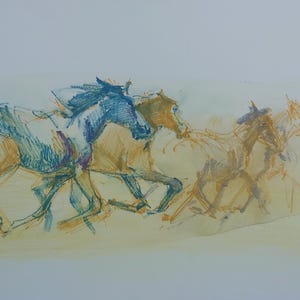 Disegno di cavalli in corsa, acquerello originale su carta, cavalli selvatici