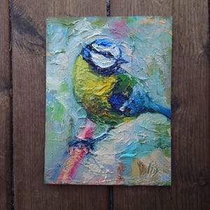Pintura de herrerillo común Pintura al óleo original sobre cartón Arte mural de vida salvaje