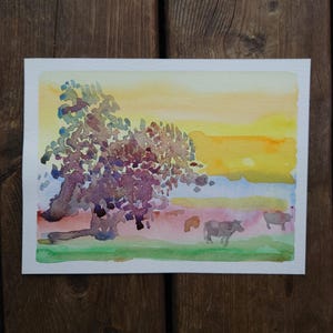 Landscape Watercolor Original Pasture  Painting
