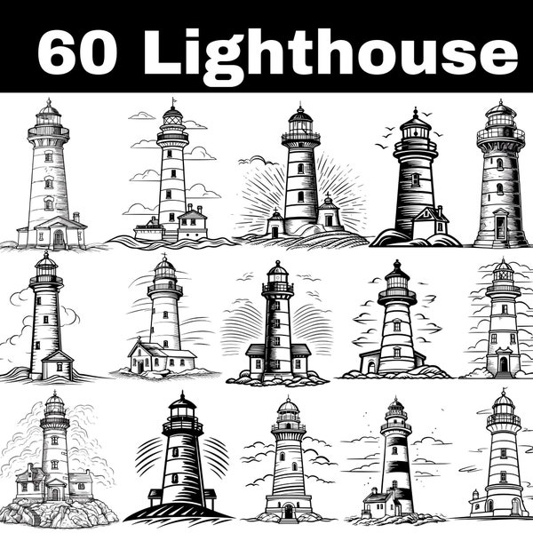 Phare SVG graphique, dessiné à la main, sublimation, timbre Digi, fichier de gravure, conception de logo, scrapbook, océan, montagne, clipart nautique