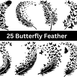 Könnte beinhalten: Schwarzweiß-Illustration von 25 Schmetterlingsfeder-Designs. Die Federn bestehen aus Schmetterlingen im Flug.