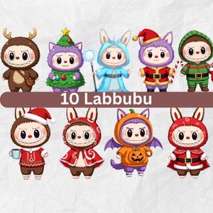 Labubu-clipartbundel | Kawaii png-bestanden voor kerst en feestdagen | Sublimatieontwerpen schattig konijntje Labubu | Labubu voor stickers, knutselen, afdrukbaar