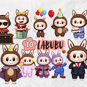 Labubu-clipartbundel | Kawaii png-bestanden voor kerst en feestdagen | Sublimatieontwerpen schattig konijntje Labubu | Labubu voor stickers, knutselen, afdrukbaar