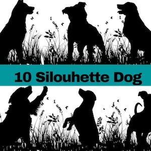 Dog Silhouette | Dog in a Grass | Dog SVG | Dog PNG | Grass Silhouette | Butterfly | Grass Svg Clipart | Silhouette | Dog Silhouette SVG