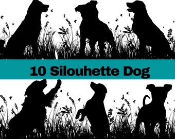 Dog Silhouette | Dog in a Grass | Dog SVG | Dog PNG | Grass Silhouette | Butterfly | Grass Svg Clipart | Silhouette | Dog Silhouette SVG