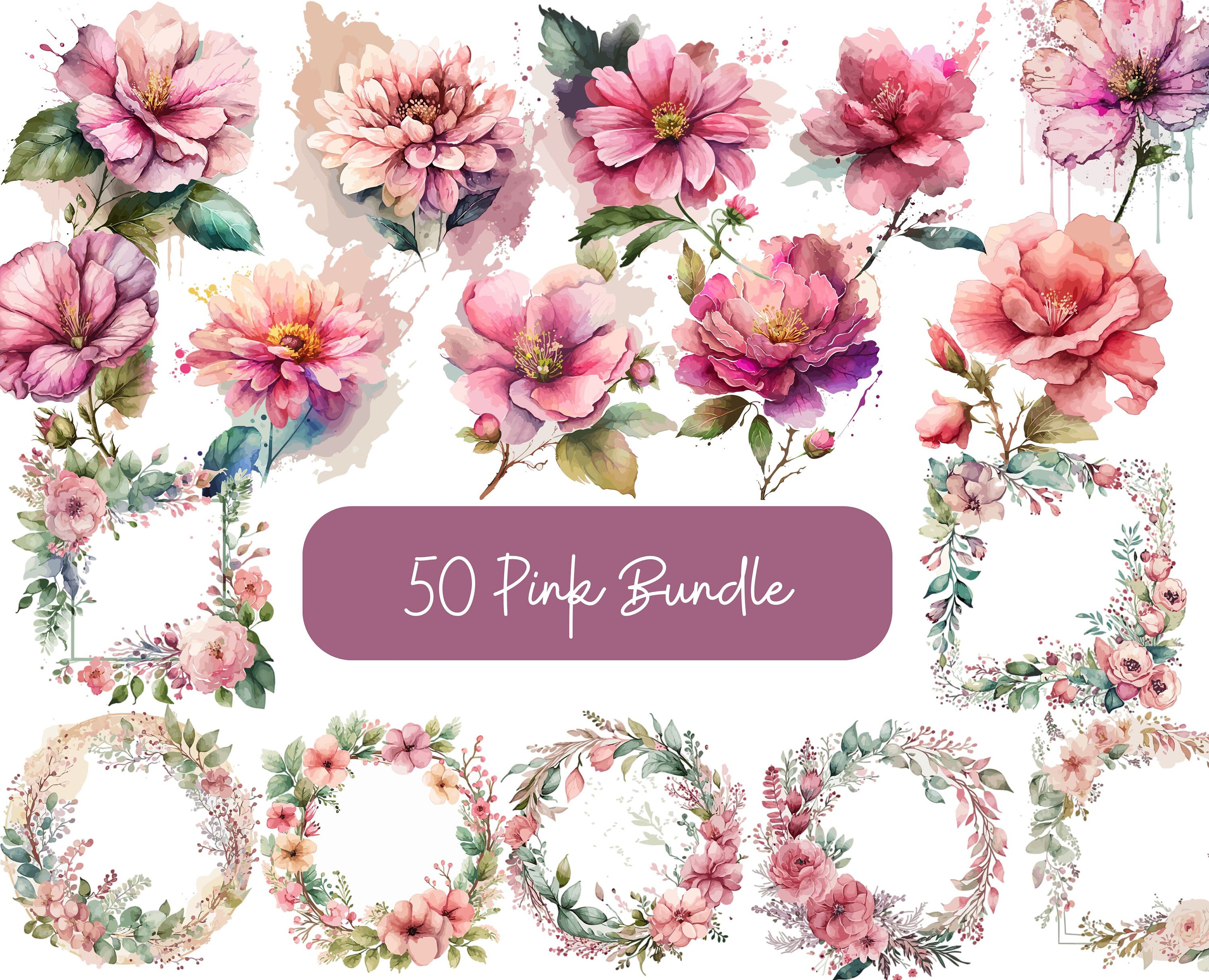 50 Pink Flowers PNG | Watercolor Flower Clipart | Pink Flowers Bundle Illustrations | Instant Download4