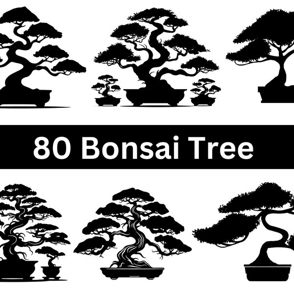 Bonsai Tree Silhouette Pack - 80 Designs | Digital Download | Bonsai Tree SVG, Bonsai Tree PNG, Bonsai Tree Vector, Bonsai Tree Cut File