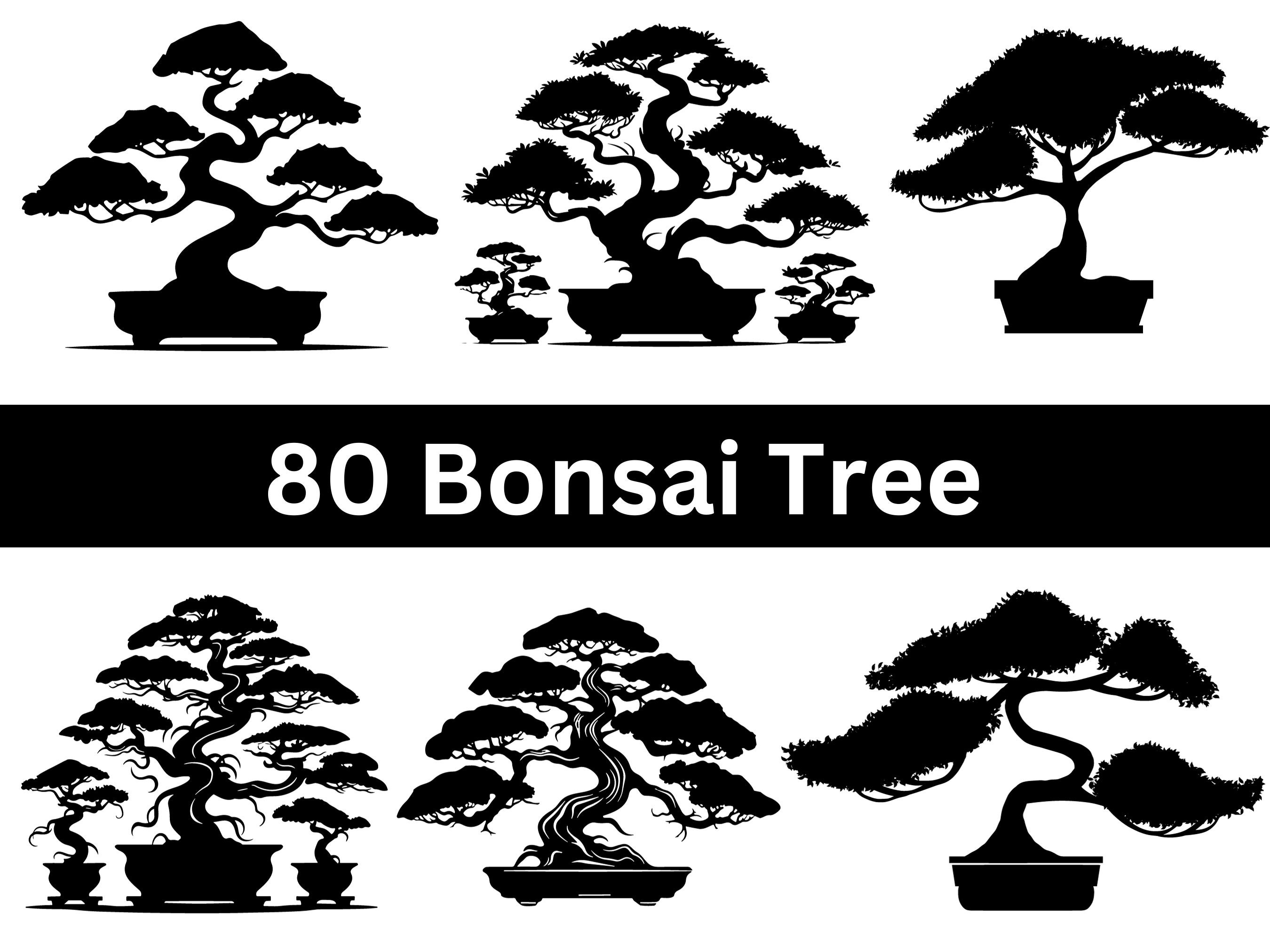 Bonsai Tree Silhouette Pack - 80 Designs | Digital Download | Bonsai Tree SVG, Bonsai Tree PNG, Bonsai Tree Vector, Bonsai Tree Cut File