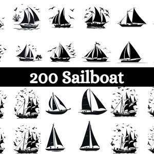 Könnte beinhalten: Eine Sammlung von 200 schwarzen und weißen Segelschiff-Silhouetten. Die Segelschiffe sind in verschiedenen Größen und Formen, einige haben mehrere Segel. Die Segelschiffe sind vor einem weißen Hintergrund platziert.