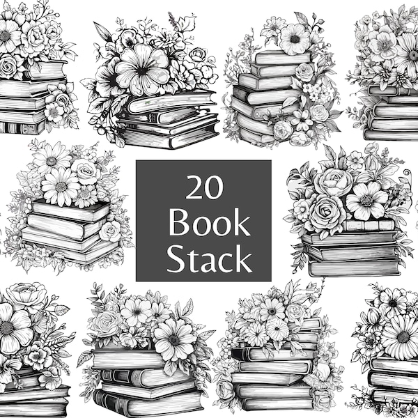 Book with Flower | Book Stack Png | Book stack Png | Floral Book stack Png | Book Lovers Png | Floral cut file | Clipart | Line Art Png