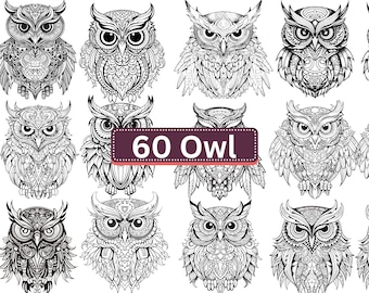 60 Owl Mandala | Zentangle PNG Files for Cricut Silhouette | Mandala Owl | Owl PNG |  Owl Silhouette | Mandala Clipart | Owl PNG