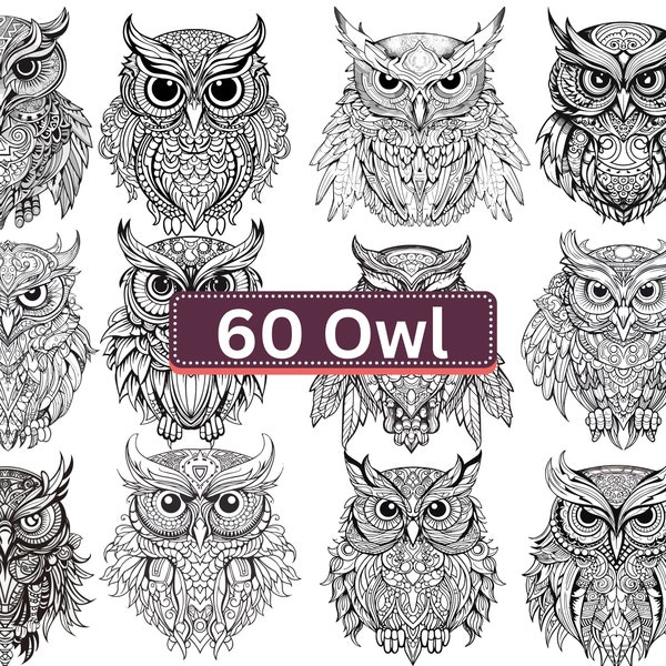 60 Owl Mandala | Zentangle PNG Files for Cricut Silhouette | Mandala Owl | Owl PNG |  Owl Silhouette | Mandala Clipart | Owl PNG