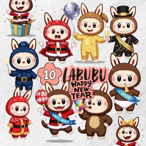 Labubu-clipartbundel | Kawaii png-bestanden voor kerst en feestdagen | Sublimatieontwerpen schattig konijntje Labubu | Labubu voor stickers, knutselen, afdrukbaar