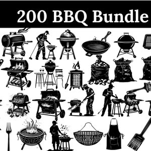May include: A black and white illustration titled "200 BBQ Bundle" featuring various grilling tools and equipment. The image includes different types of grills, cooking utensils, and people grilling. The overall theme is related to outdoor cooking and barbecue.