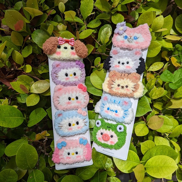 Handmade fluffy crochet hair clips,Sanrio Character Hair Clips,Cute gift for kids,Hello Kitty,Pudding Dog,My Melody,Cinnamoroll
