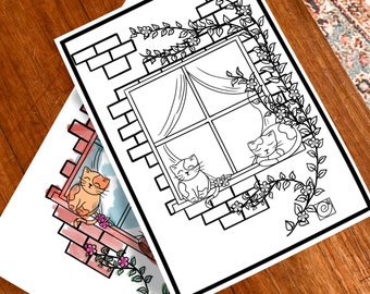 Cats on window colouring in page, digital download, printable kids colouring in, adult colouring in