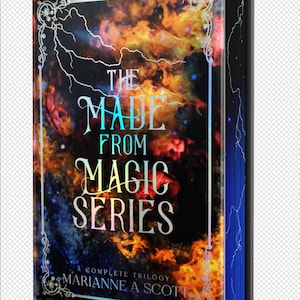 May include: A hardcover book titled "The Made From Magic Series" with a vibrant cover featuring a fiery, cosmic design. The book's spine is black, and the pages have a blue lightning design. The author's name is "Marianne A Scott."