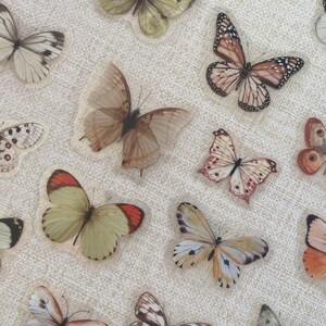 May include: A collection of decorative butterfly stickers in various colors and patterns, including brown, white, and orange. The stickers are arranged on a white textured background.