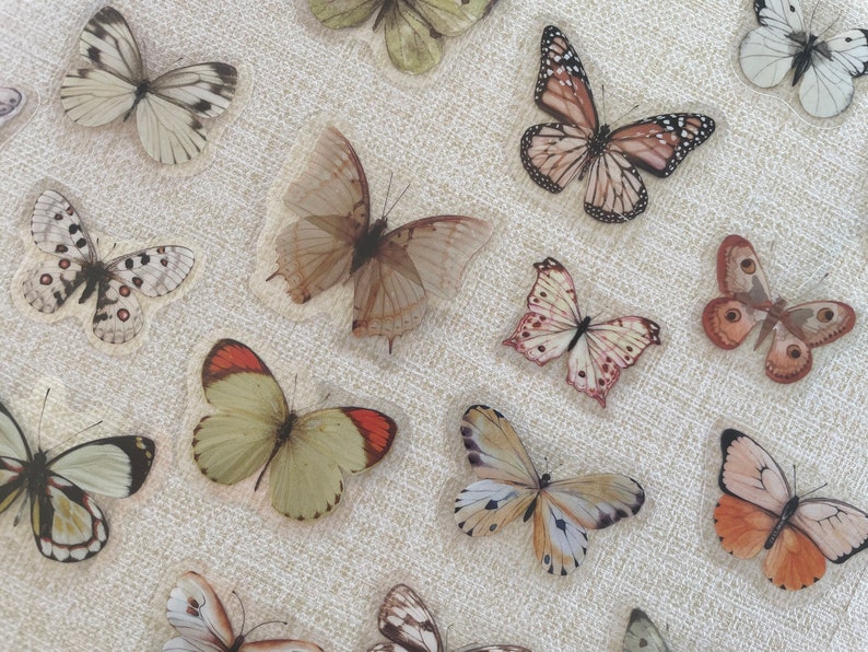 May include: A collection of decorative butterfly stickers in various colors and patterns, including brown, white, and orange. The stickers are arranged on a white textured background.