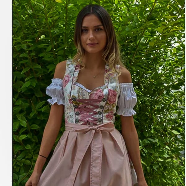 Golden Trachten german dress Dirndl 3 TLG, Damen Midi Trachten-Kleid für Oktoberfest, Rosa Grün geblümt, 514GT