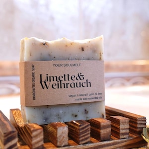 Natural hand and body soap made from vegetable oils with lime and frankincense, vegan, palm oil-free, skin-caring, natural soap, Easter gift