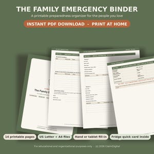 Può includere: Il Family Emergency Binder è un organizzatore di preparazione stampabile con pagine bianche e testo scuro. Le sezioni includono contatti di emergenza, informazioni mediche e una scheda di riferimento rapido. Progettato per formati US Letter e A4, può essere compilato a mano o su tablet.