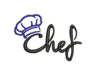 May include: A black and white illustration of a chef's hat with the word "Chef" written in a cursive font.