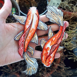 Japanese Koi Fish Iron on Patch, Large Embroidery for Jacket Back, Yin Yang Fish, Asian Style Streetwear, Zen Garden Decor, Pisces Gift