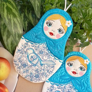 Oven Glove Matryoshka Coaster Pot Holder Russian culture C (blue bird)