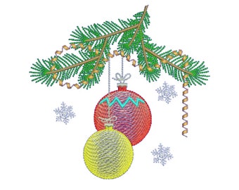May include: A green pine branch with gold ribbon and two ornaments. One ornament is red with a blue and white zig-zag pattern, and the other is yellow. There are also white snowflakes.