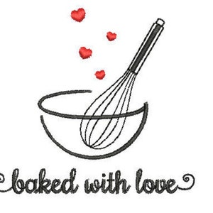 Könnte beinhalten: Eine Schwarzweißillustration einer Schüssel und eines Schneebesens mit roten Herzen, die darüber schweben. Der Text "baked with love" steht unter der Schüssel.