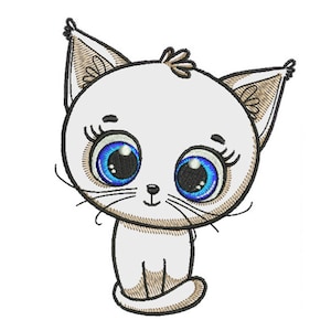 May include: An embroidered design of a white kitten with large blue eyes and long eyelashes. The kitten has detailed brown accents on its ears and around its eyes, with delicate whiskers. The design is likely for embroidery projects or fabric decoration.