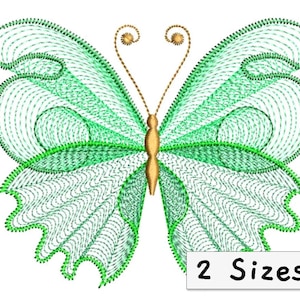 Könnte beinhalten: Grüne und goldene Schmetterlings-Stickerei mit filigranen Details. Das Design ist in zwei Größen erhältlich.