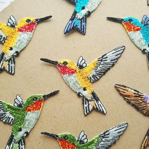 May include: Assortment of colorful embroidered hummingbird patches. The patches feature different colored hummingbirds with detailed embroidery.