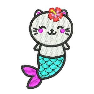 Embroidery File Cat Mermaid Embroidery Design for Pocket Cute Kawaii Cute Pet Hawaii Tropical Beach