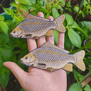 May include: Two embroidered iron-on patches of carp fish. The fish are beige and brown with black details. The patches are on a hand.