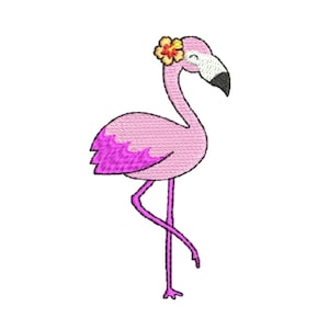 May include: A pink flamingo with a yellow flower on its head, standing on one leg with its other leg bent.