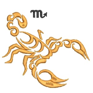 Könnte beinhalten: Ein goldener stilisierter Skorpion mit dem astrologischen Symbol für Skorpion, "m", darüber.