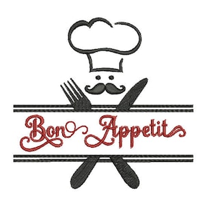 May include: Black and white illustration of a chef with a mustache and a chef's hat, holding a fork and knife. The text "Bon Appetit" is written in red cursive below the chef.